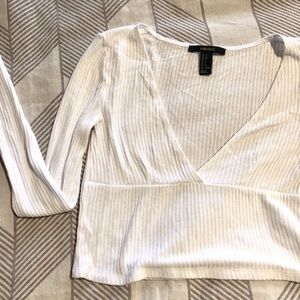 White Long Sleeve V neck Crop Top
